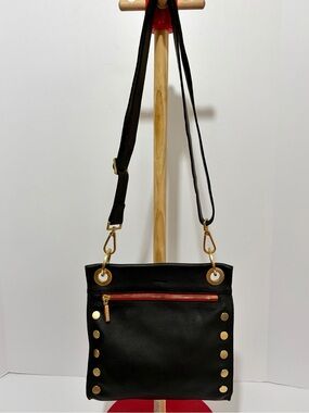HAMMITT Medium Tony Crossbody Bag In Black Leather/Brushed Gold Hardware/Red Zip